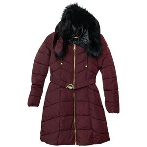 Guess Women's Small Long Zip Up Quilted Puffer Hooded Winter Coat Maroon